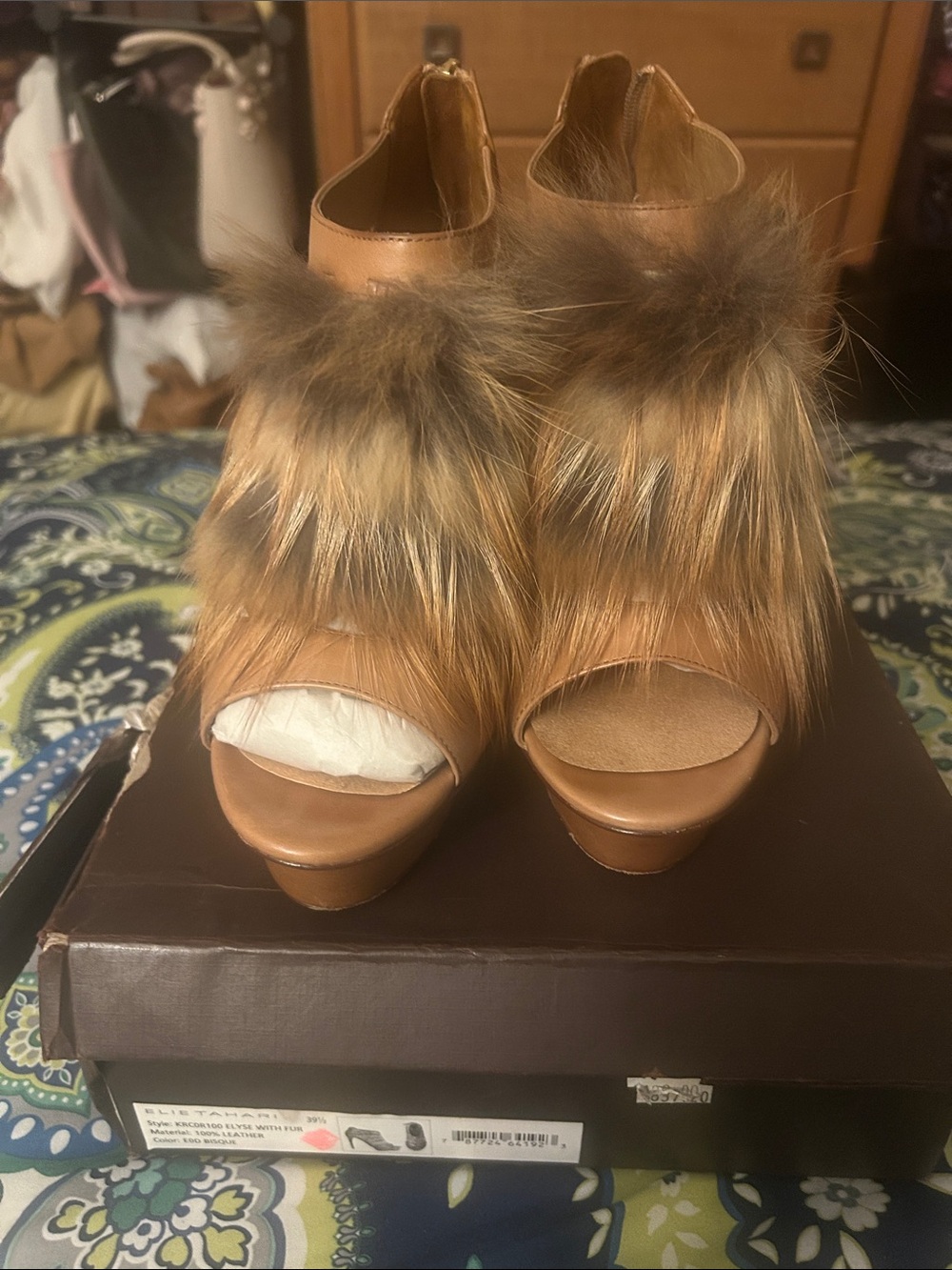 Elie Tahari Tan (Bisque) Faux Fur Peep-Toe Platform Heels